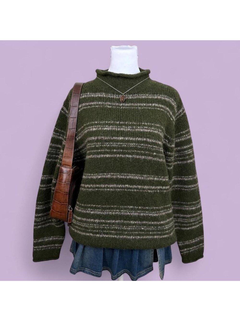 90s green striped cottagecore wool blend roll neck sweater